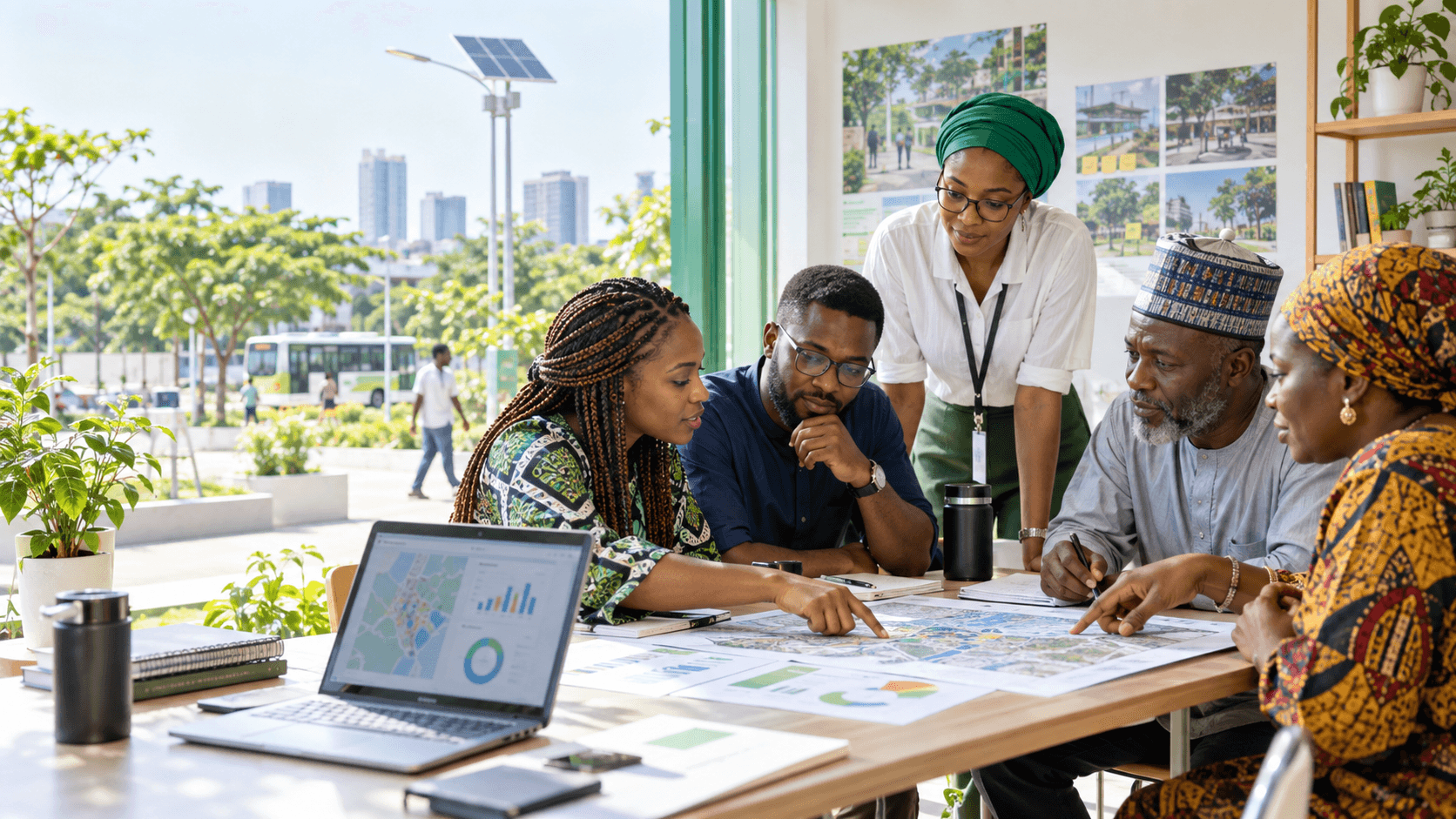 Nigerian civic researchers and community participants reviewing public-service evidence in a bright urban innovation space