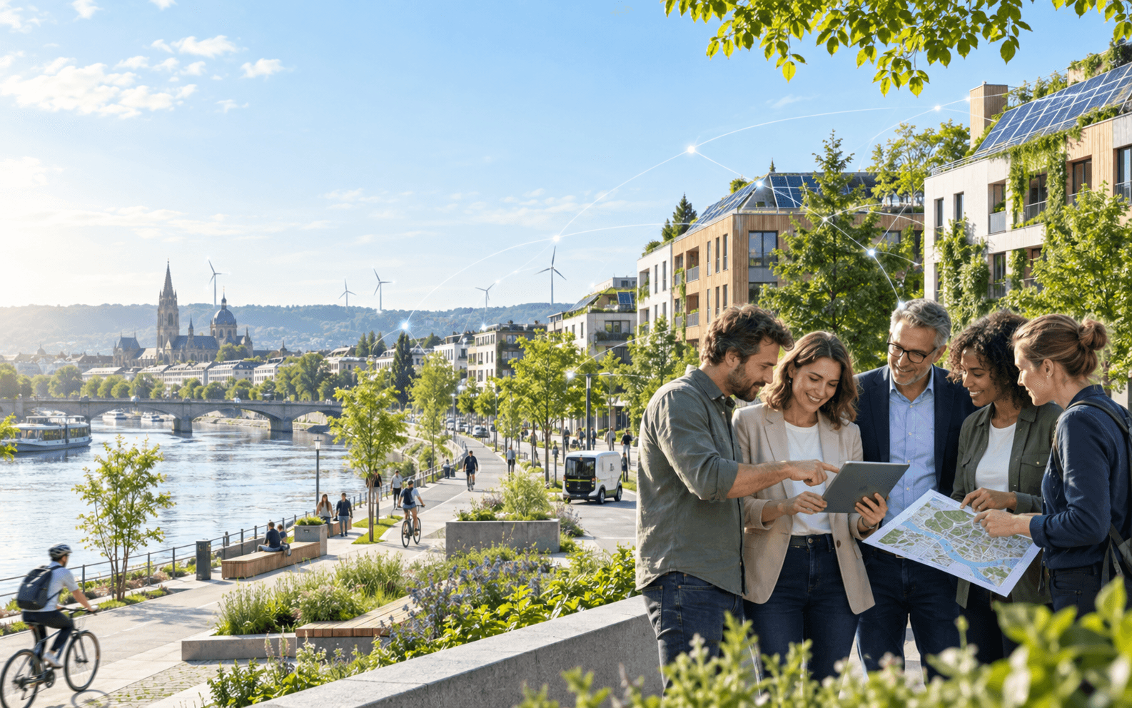 People collaborating across a green, connected European city